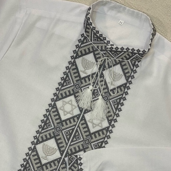 White Men’s Embroidered Shirt with Jewish Symbols - Picture 1 of 6